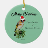 Goldfinch mit einer Weihnachtsmannmütze Keramik Ornament (Vorne)