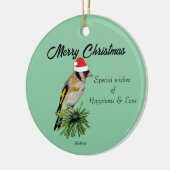 Goldfinch mit einer Weihnachtsmannmütze Keramik Ornament (Links)