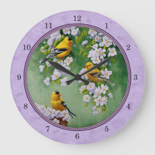 Goldfinch-Trio und Apple-Blüten Lila Große Wanduhr