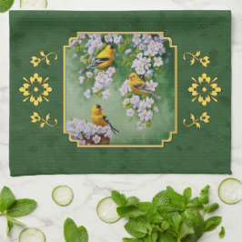 Goldfinch-Vögel und Blume grün Geschirrtuch