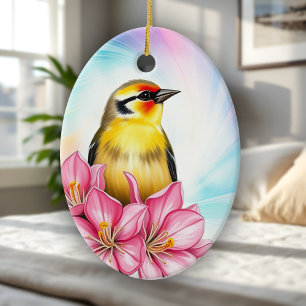 Goldfinch Washington Staat Bird mit rosa Azaleen Keramik Ornament