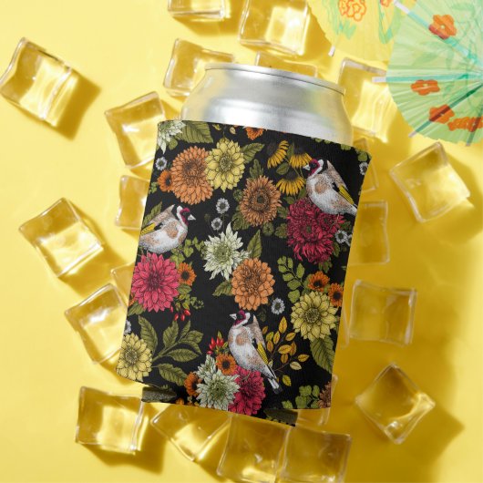 Goldfinken im Garten auf schwarz Dosenkühler (In Situ Sommer)