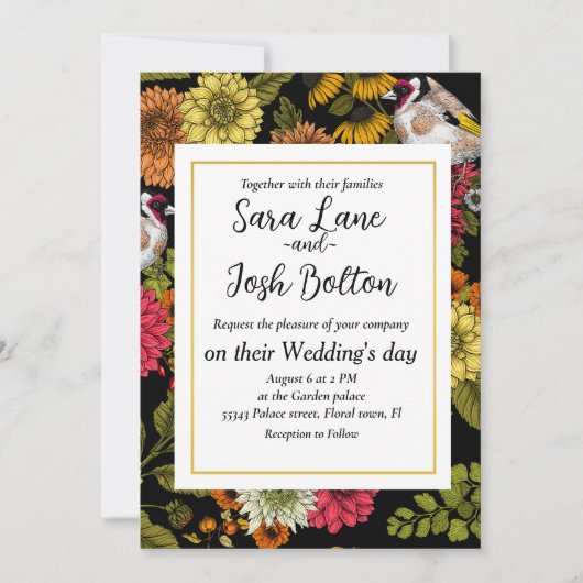 Goldfinken im Garten auf schwarz Einladung (Vorderseite)