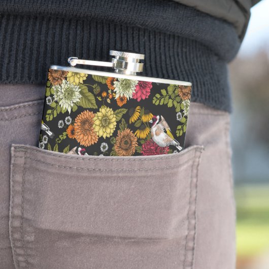 Goldfinken im Garten auf schwarz Flachmann (Beispiel)