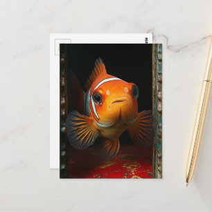Goldfisch in einer blauen Box auf einem roten Kiss Postkarte