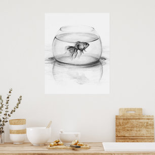 Goldfisch in Schüssel und Wasserstift zeichnend Ku Poster