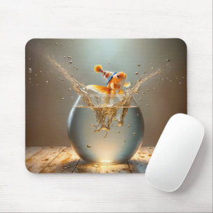 Goldfisch springt aus dem Goldfischglas Mousepad