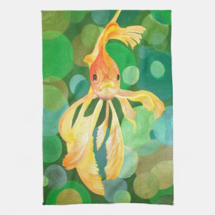 Goldfisch-Vermilion, die in grünen Blasen schwimme Handtuch