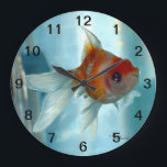 Goldfisch-Wanduhr Große Wanduhr<br><div class="desc">Foto eines orangen Goldfish im Perlmaßstab mit blauem Hintergrund,  gedruckt auf einer Wall-Uhr.</div>