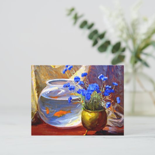 Goldfish Bowl und Blume Postkarte (Stehend Vorderseite)