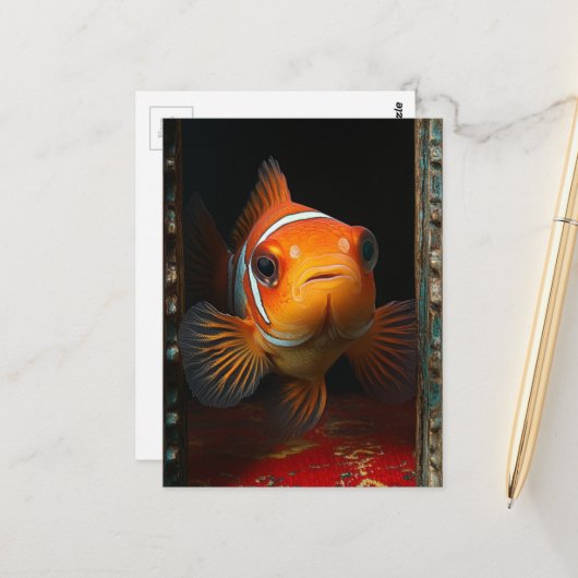 Goldfish in a Blue Box on a Red Pillow Postkarte (Vorderseite/Rückseite Beispiel)