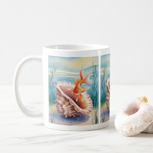 Goldfish in Aquarellfarben in KorallenMuschel Kaffeetasse (Mit Donut)