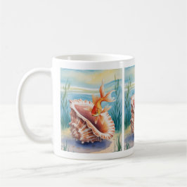 Goldfish in Aquarellfarben in KorallenMuschel Kaffeetasse