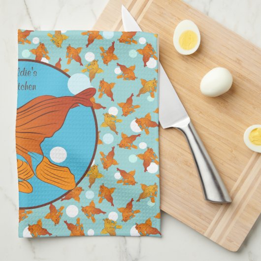 Goldfish und Blasen Grafikmuster Personalisiert Küchentuch (Viertel Falte)