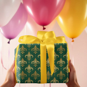 Goldfleur-de-lis-nahtloses Muster auf grün Geschenkpapier