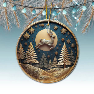 Goldfliegender Rentier, Bäume, Mond, Schnee, 🦌 🎄 Keramik Ornament