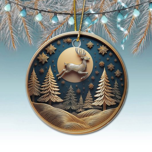 Goldfliegender Rentier, Bäume, Mond, Schnee, 🦌 🎄 Keramik Ornament