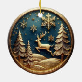 Goldfliegender Rentier, Bäume, Schneeflocken, Hirs Keramik Ornament (Hinten)