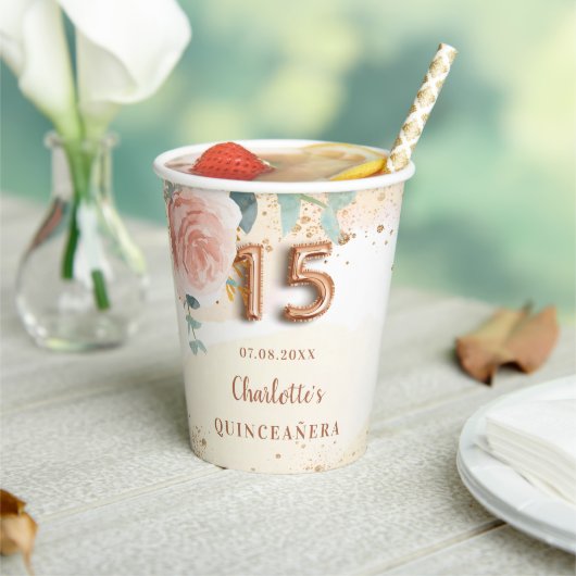 Goldflora der Rose Quinceanera Glitzer Golden Pappbecher (In Situ)