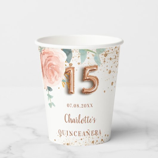 Goldflora der Rose Quinceanera Glitzer Monogramm Pappbecher (Rückseite)