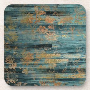 Goldfloral und blaues rustikales Holz Getränkeuntersetzer