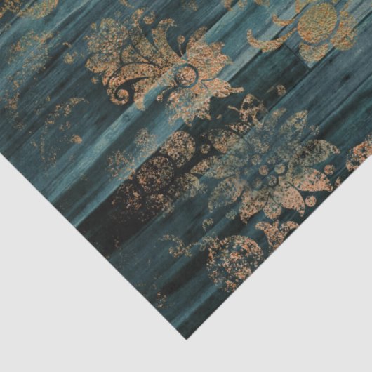 Goldfloral und blaues rustikales Holz Seidenpapier (Detail)