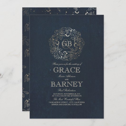 Goldfloraldraht Monogramm Vintage Hochzeit der Mar Einladung (Vorne/Hinten)