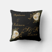 Goldflorale auf Schwarz-Monogramm-Logo-Hochzeit Kissen (Rückseite)