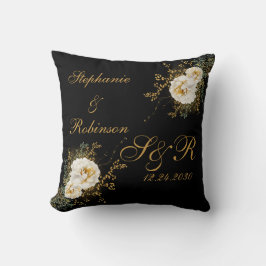 Goldflorale auf Schwarz-Monogramm-Logo-Hochzeit Kissen