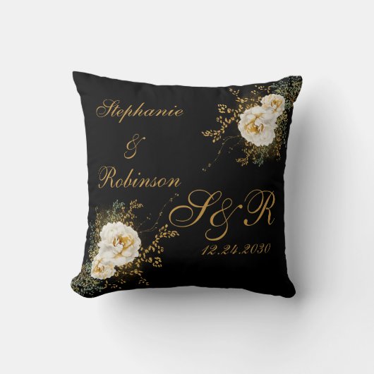 Goldflorale auf Schwarz-Monogramm-Logo-Hochzeit Kissen (Vorderseite)