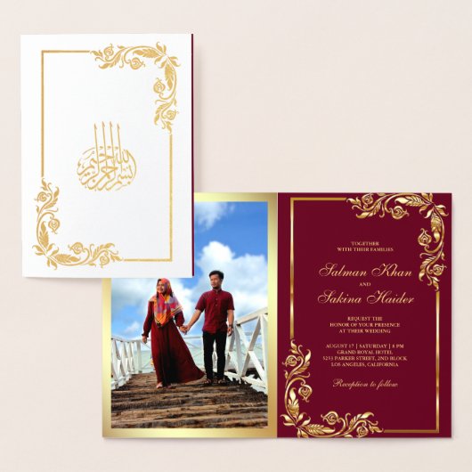 Goldflorale Burgund-Foto-Hochzeit Folienkarte (Anzeige)