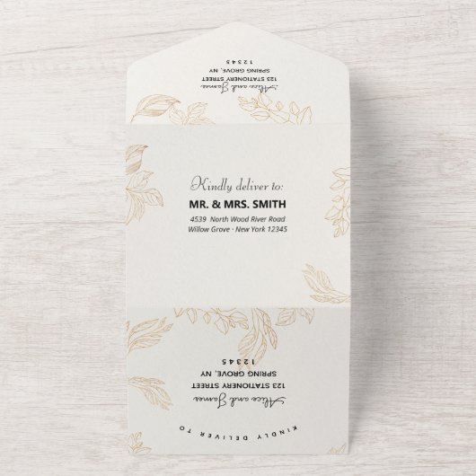 Goldflorale geometrische Hochzeit All In One Einladung (Außenbereich)