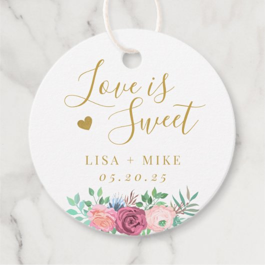 Goldflorale Liebe ist süße Hochzeitsrunde Geschenkanhänger (Vorderseite)