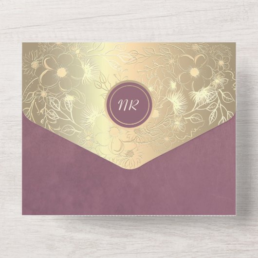 Goldflorale Lila Hochzeit All In One Einladung (Rückseite)
