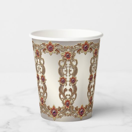 Goldflorale mit roten Steinen Papier-Cups Pappbecher (Rückseite)