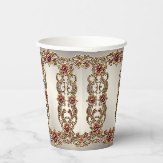 Goldflorale mit roten Steinen Papier-Cups Pappbecher (Rechts)