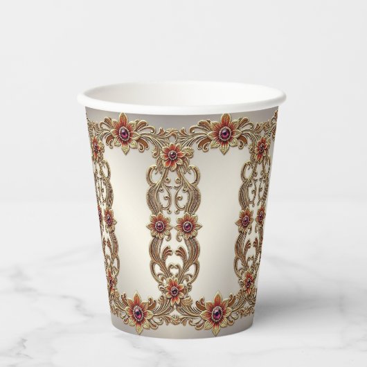 Goldflorale mit roten Steinen Papier-Cups Pappbecher (Vorderseite)
