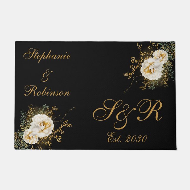 Goldflorale Monogram Logo-Hochzeit Fußmatte (Vorderseite)