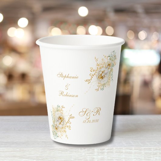 Goldflorale Monogram Logo-Hochzeit Pappbecher