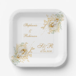 Goldflorale Monogram Logo-Hochzeit Pappteller