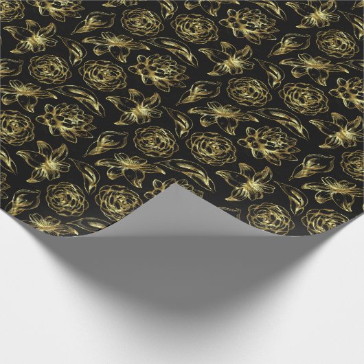 Goldflorale Muster Custom Black Background Geschenkpapier (Ecke)