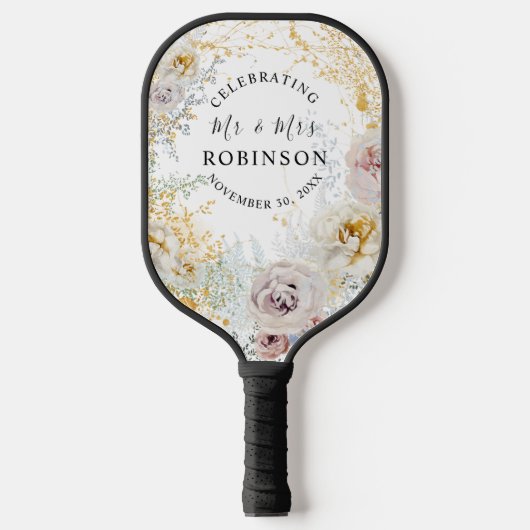 Goldflorale Personalisierte Hochzeit Pickleball Schläger (Vorderseite)