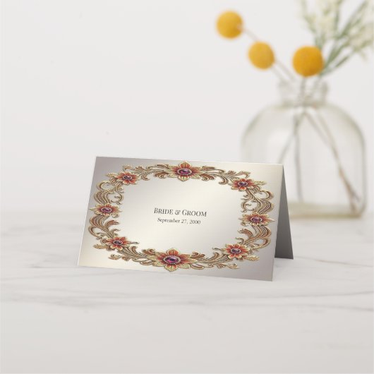 Goldflorale Rahmen mit Rot-Steine-Platzkarte Platzkarte (Rückseite)