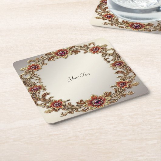 Goldflorale Rahmen mit rotem Stein Papier Unterset Rechteckiger Pappuntersetzer (angewinkelt)