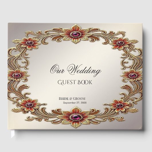 Goldflorale Rahmen mit roten Steinen - Gästebuch (Vorderseite)