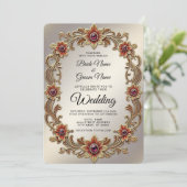 Goldflorale Rahmen mit Roten Steinen Hochzeit Einladung (Stehend Vorderseite)