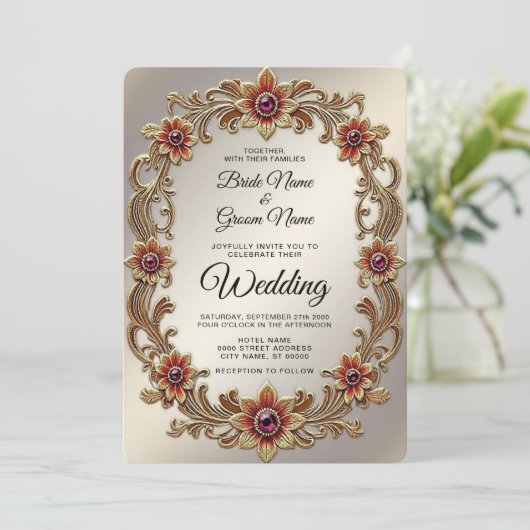 Goldflorale Rahmen mit Roten Steinen Hochzeit Einladung