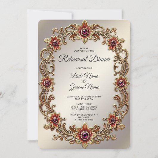 Goldflorale Rahmen mit roten Steinen Probe Abendes Einladung (Vorderseite)