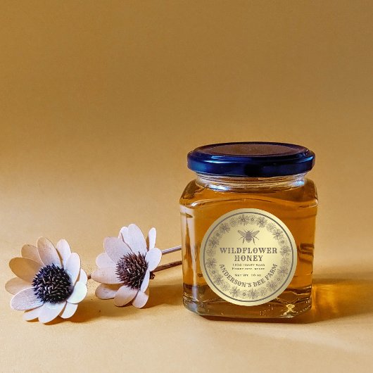 Goldflorale Vintage Bienenhonigjar Runder Aufkleber