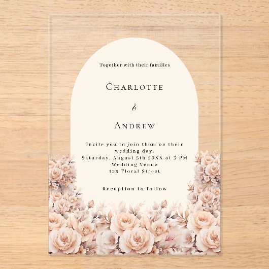 Goldfloralen der Creme pfirsichs Rose Acryleinladungen (Vorderseite)